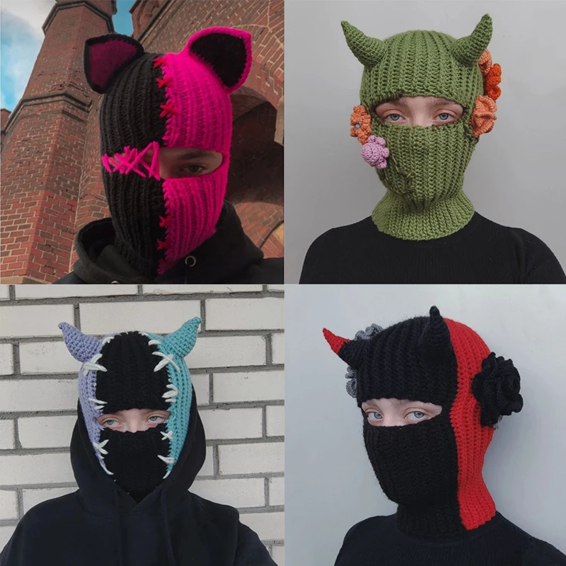 Hot Selling New Custom Winter Warm Halloween Funny Devil Horn Handmade Crochet Knitted Balaclava Hat Mask