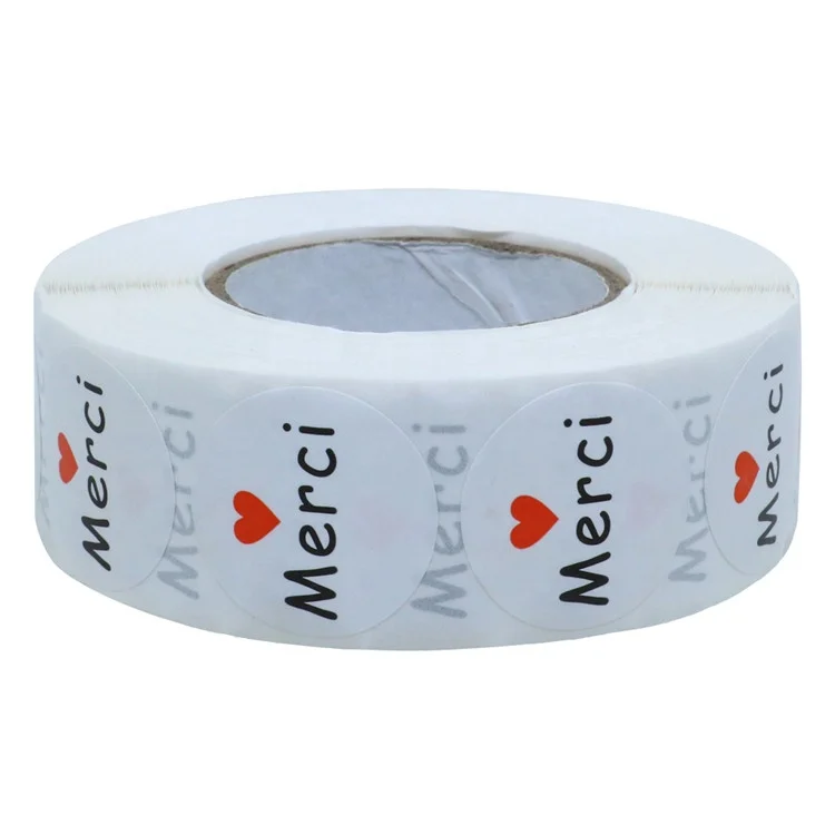 Hybsk 1 Inch Round French Thank You Merci Stickers White Adhesive Labels with Red Heart 1,000 Labels Per Roll