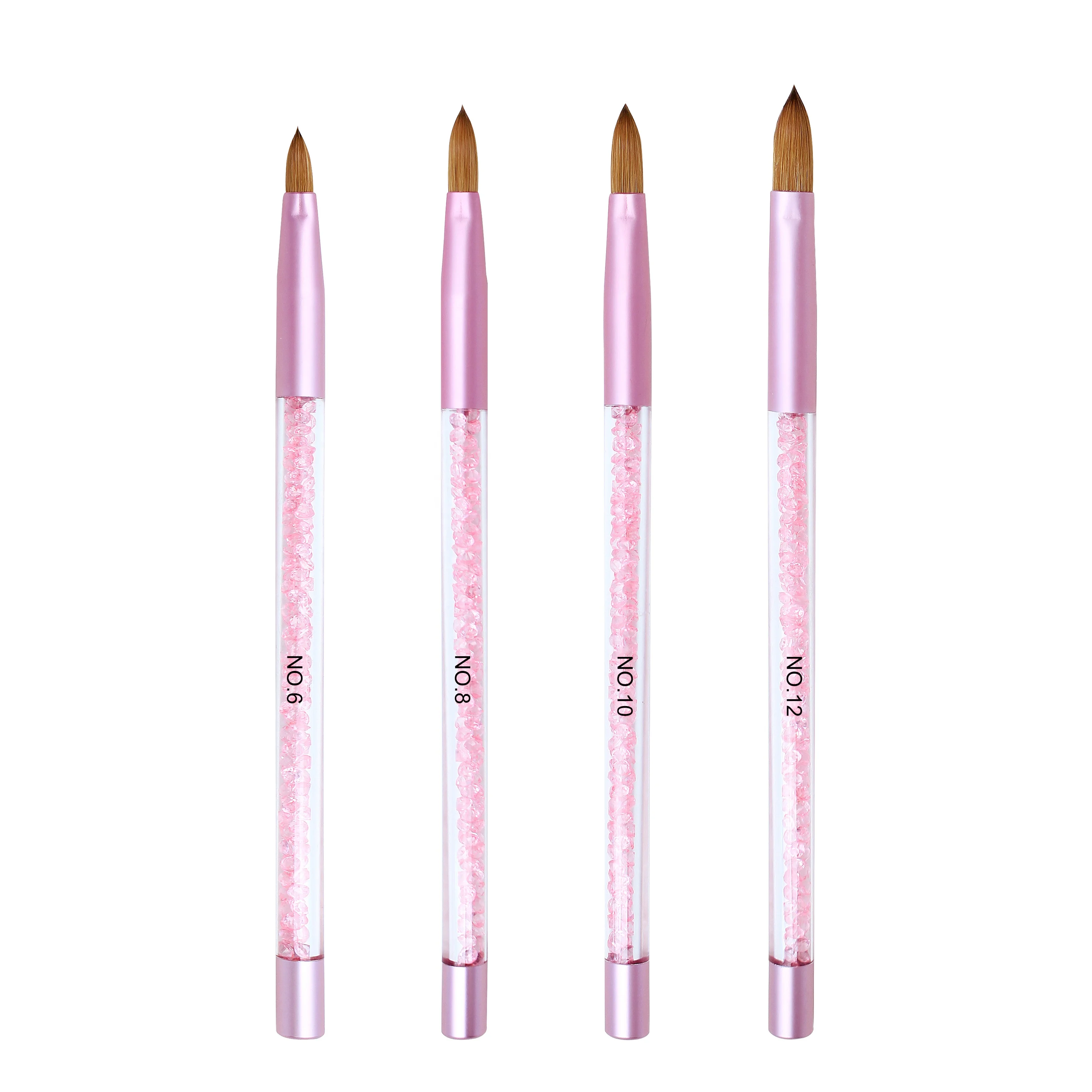 Professional Custom Crimped & Round 100% Pure Kolinsky Acrylic Nail Brush with Pink Rhinestone Kolinsky 3D Brush For Manicure