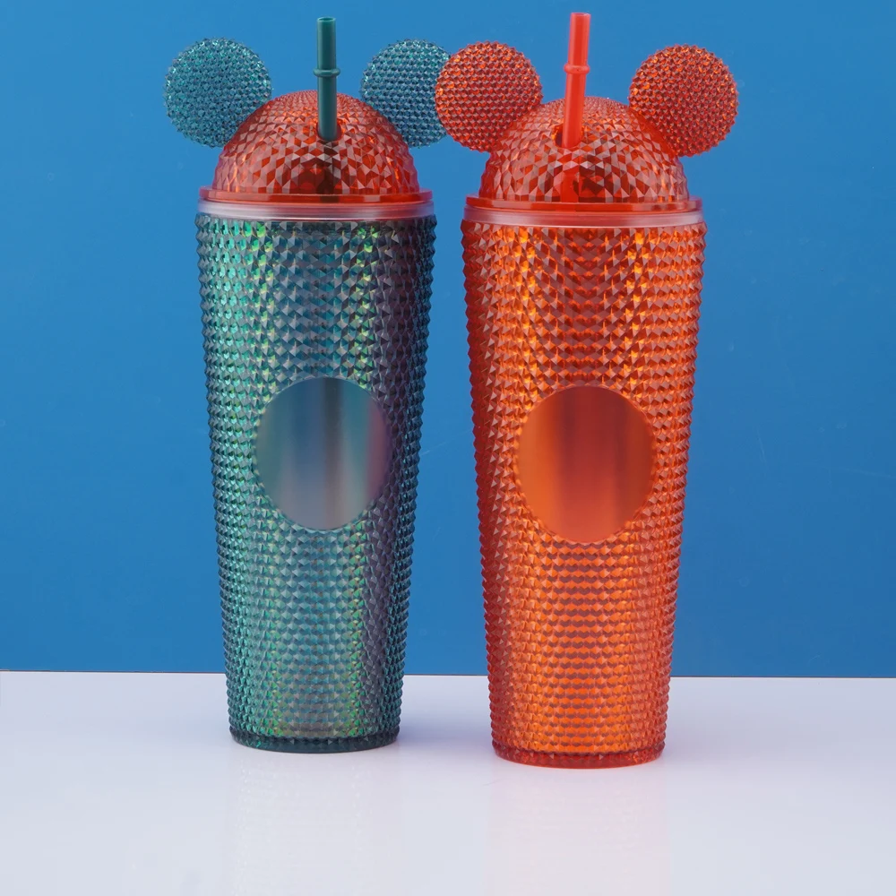 Double wall kids acrylic mickey plastic tumbler cups with lid straw with ears lid eco friendly reusable mouse bottle wholesale