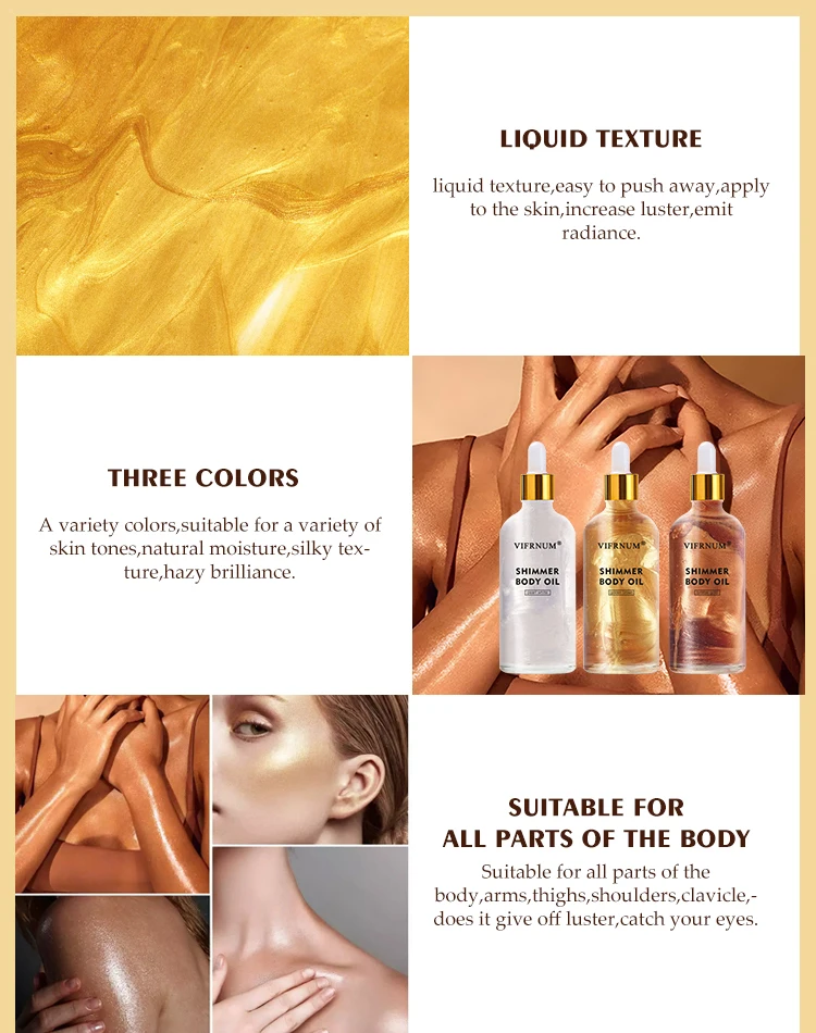 private label vitamin E vitmain C face and body bronze silvery gold glow oil shea butter sweet almond shimmer glitter body oil