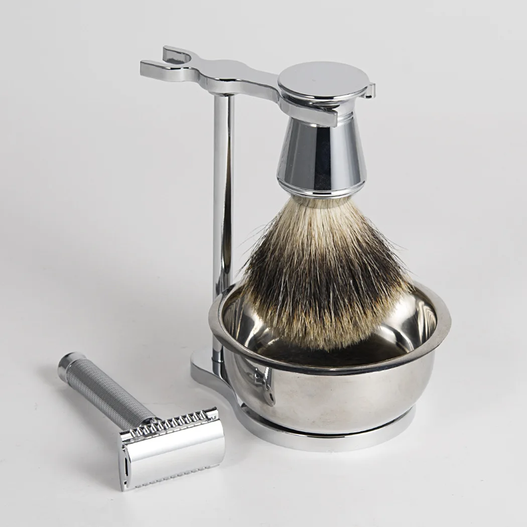 luxurious Wet Shaving Set ,High grade Pure Badger Shaving Brush  Stand and  Safety Razor Double Edge Blades kit