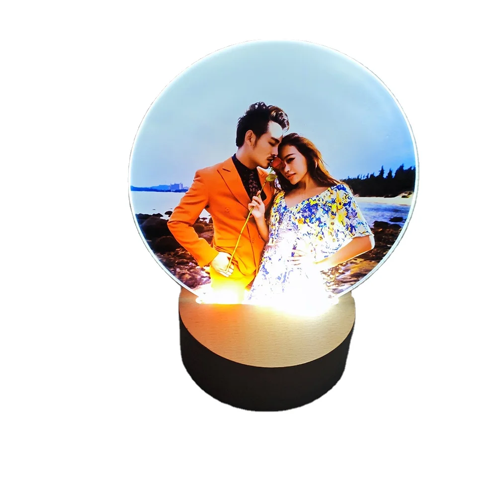 RubySub Round Night Light Sublimation Acrylic Photo Panel Desktop Display With Wood Base