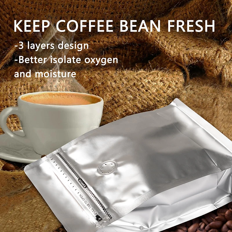 Custom Logo Printed Zipper Seal Safe Aluminum Foil Stand Up 1lb Silver Coffee Bean Storage Bags With One-Way Degassing Valve