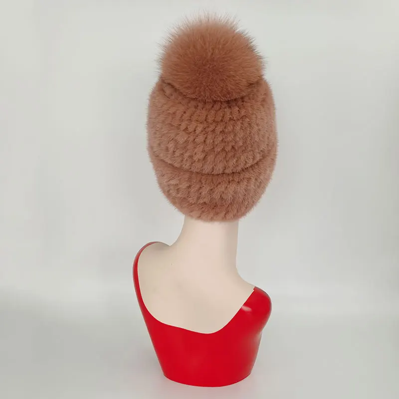 Mink Fur Knit Hat Fur Hat With Fox Fur Ball For Women Winter Warm Mink Hat