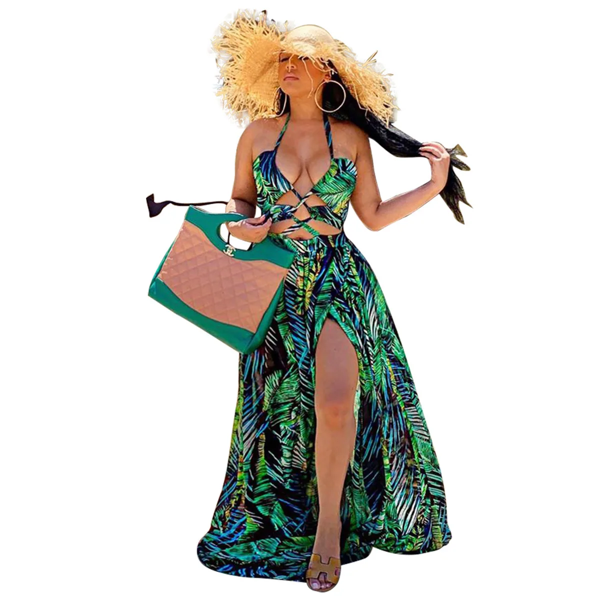 Womens Dresses 2021 new long skirt with neck, digital printing, fashion and swing dressCasual Dresses