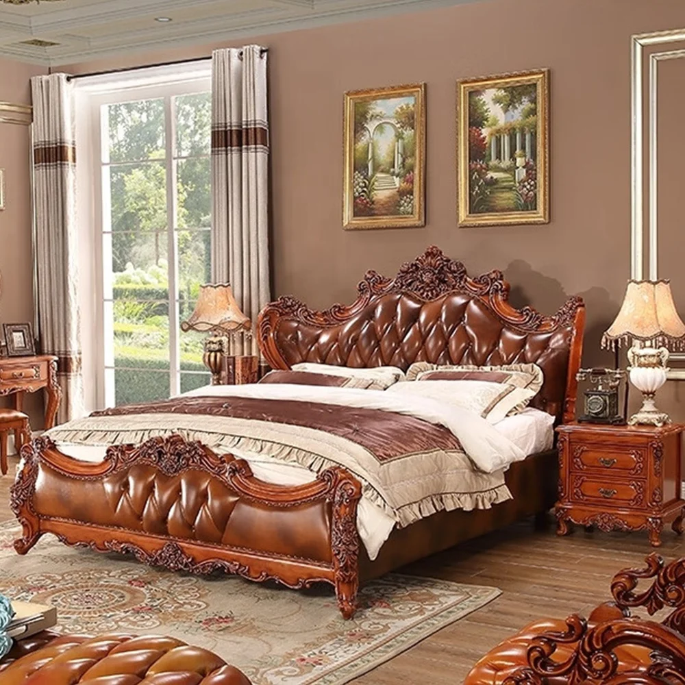 Royal Wooden King Size Bed Luxury Villa Family Hotel Furniture Princess Bed Double Bed