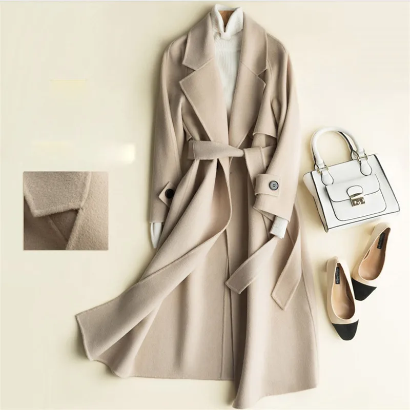 P18B154CH classic overcoat cashmere jacket full length with belt