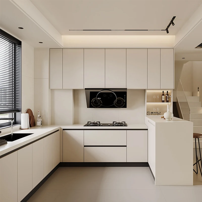 Modern minimalistic style designs complete custom home furniture l shaped melamine unit cabinets kitchen with sink