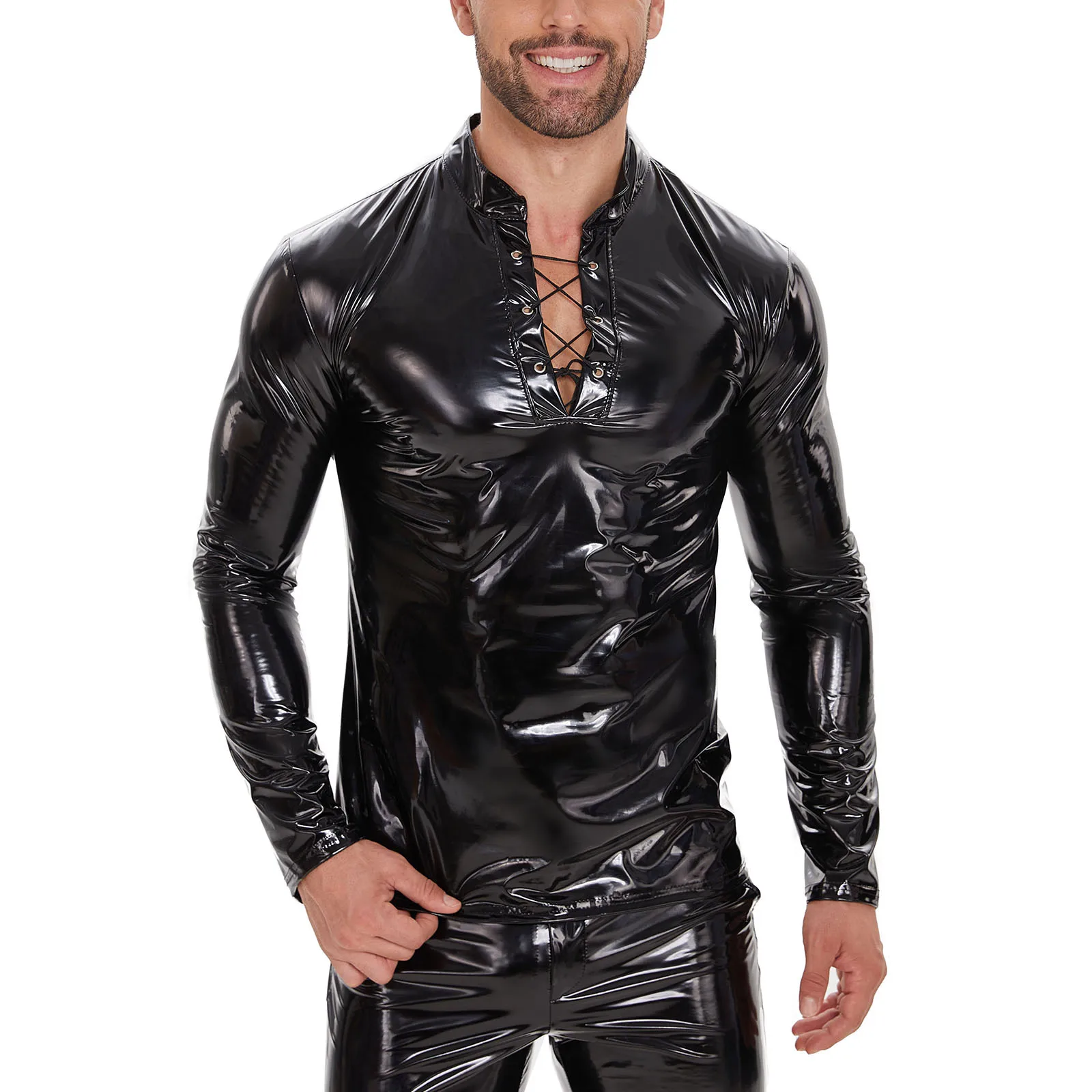 S-7XL Wet Look PVC Long Sleeve T Shirt Men Bandage Shiny PU Leather Hip Hop Gothic Tshirt Tights Sexy Clubwear Shapers Body