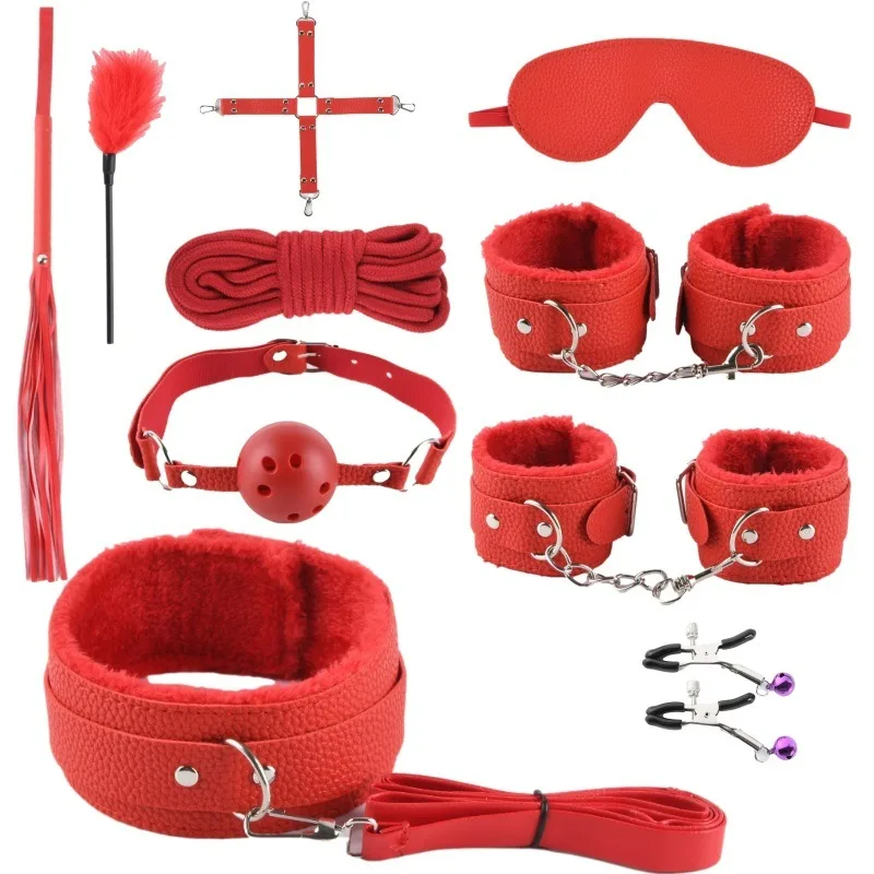 Leather plush hardware eye mask mouth stopper cross buckle handcuff neck set nipple clip cotton rope foot sex belt toys for sm