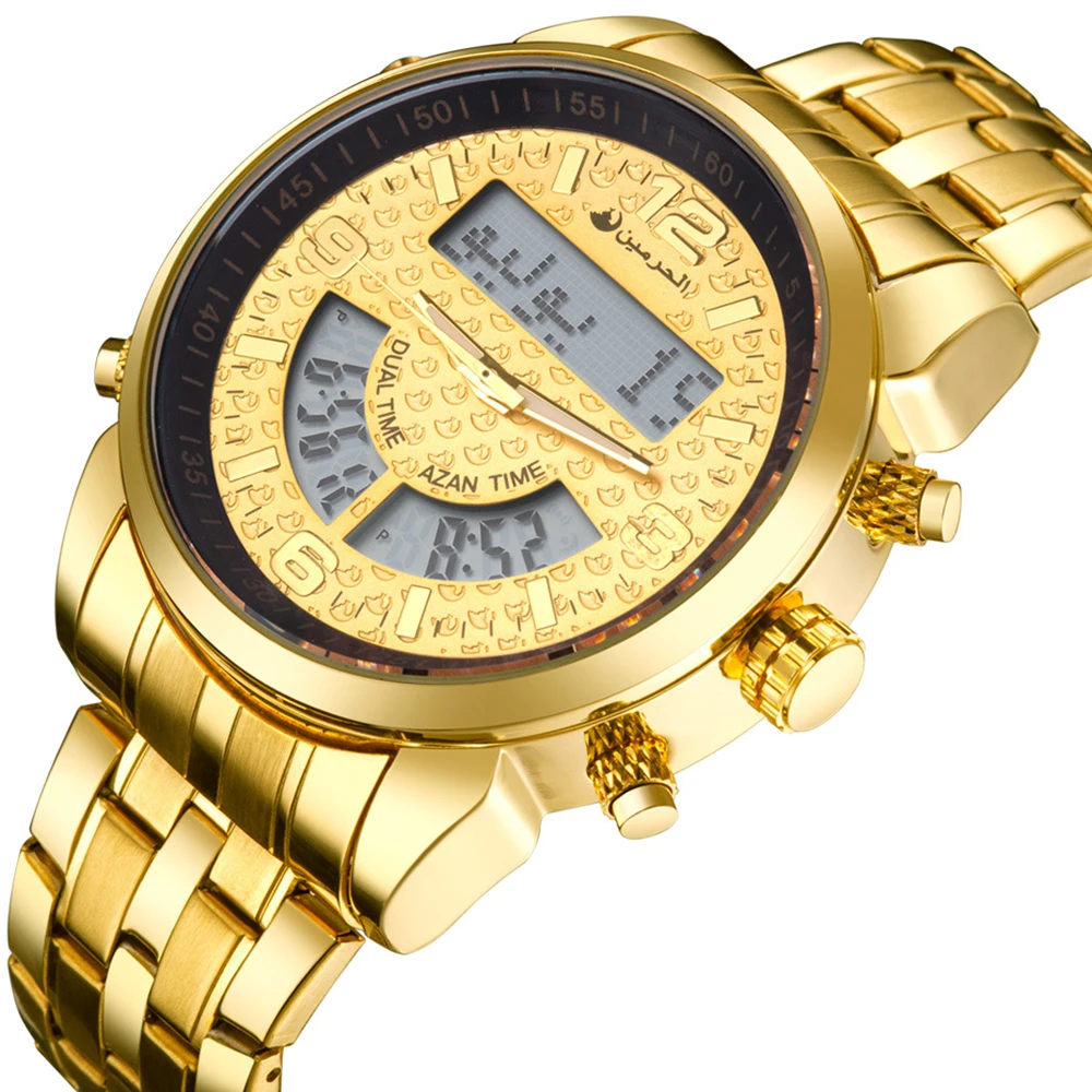 High Quality Luxury Stainless Steel Golden Led Dual Display Analog-digital Muslim Arabia Watch For Men