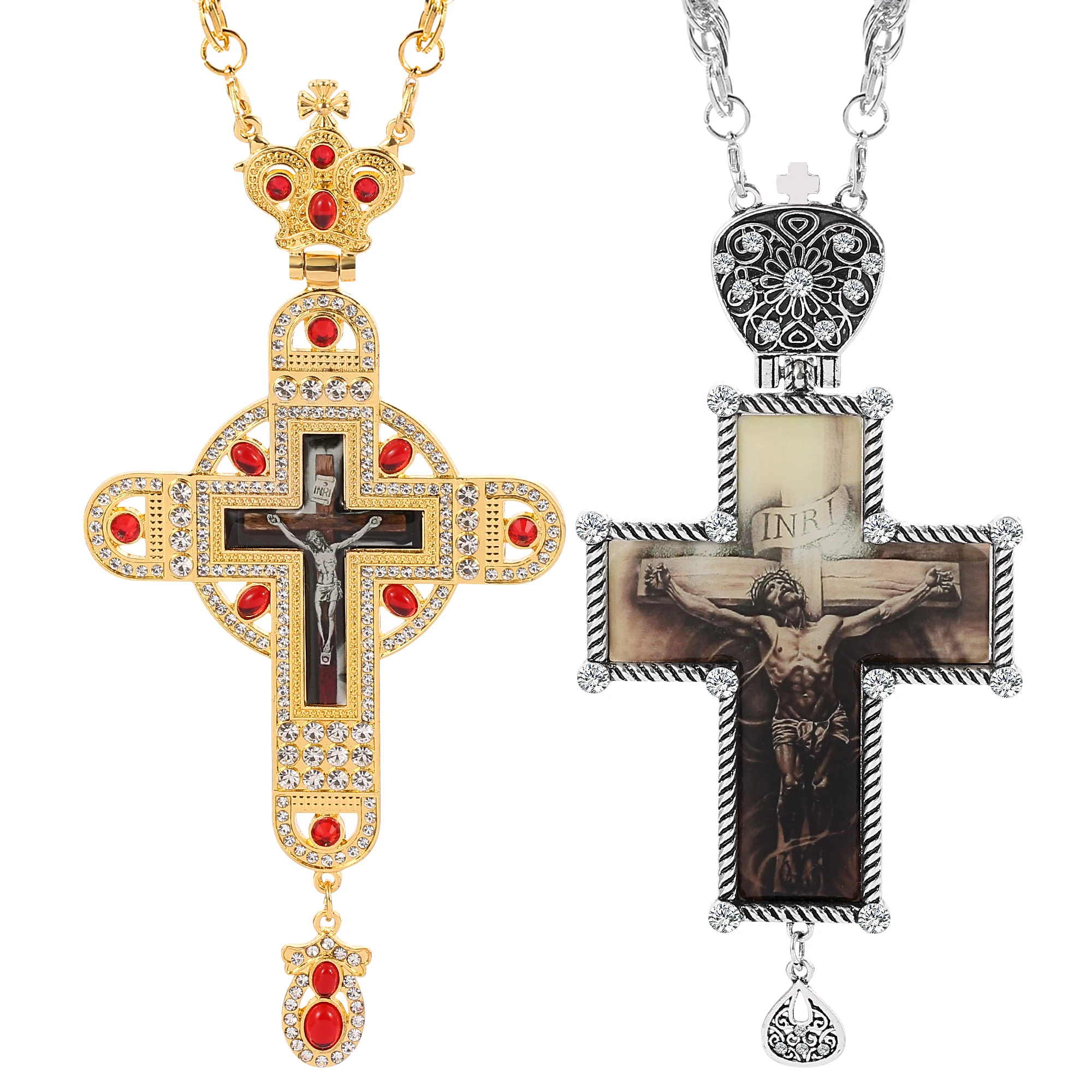European Greek Russia Style Orthodox Religious Cover Chain Shinny Jesus Crystal Men Women Pectoral Cross Necklace with Box