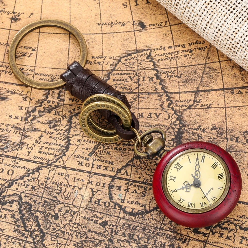 Antique Leather Chain Clock Red Wood Case Reloj De Bolsillo Old Fashion Mini Pendant Pocket Watch