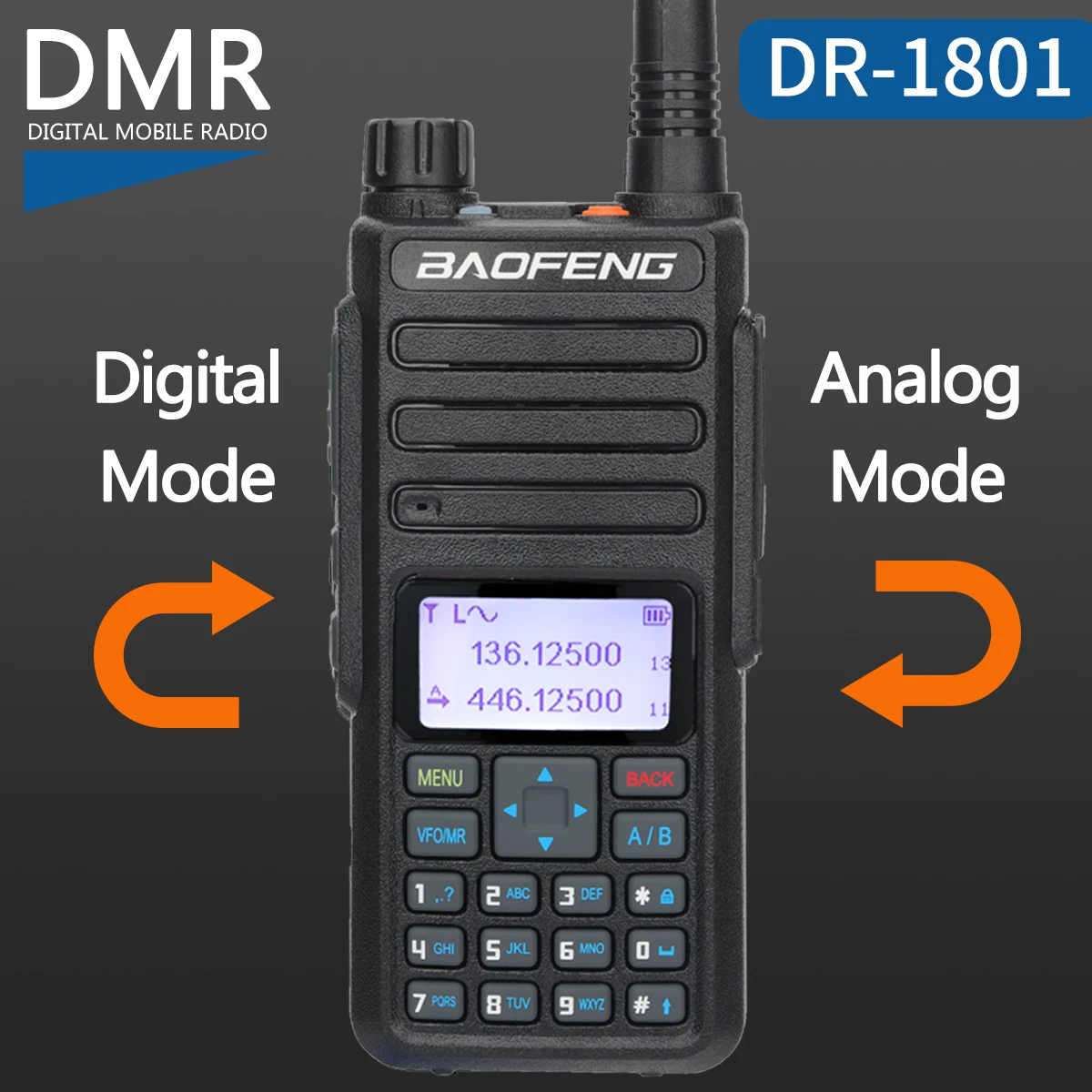Baofeng DMR DR-1801 Walkie Talkie Dual Time Slot Tier 1&2 Digital/Analog Radio VHF UHF Dual Band Upgrade of DM-1801 DM-1701