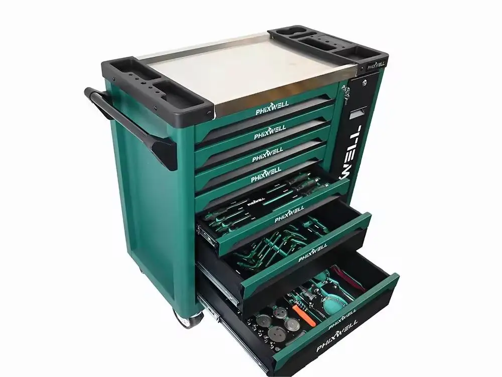 7 drawers with side door 7 trays green color workshop garage tool trolley cart chest cabinet kits box with many kinds of tools