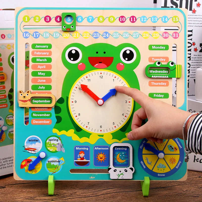 Preschool education children learning cognitive seasons time/monthly calendar clock toy wooden educational toy manufacturing