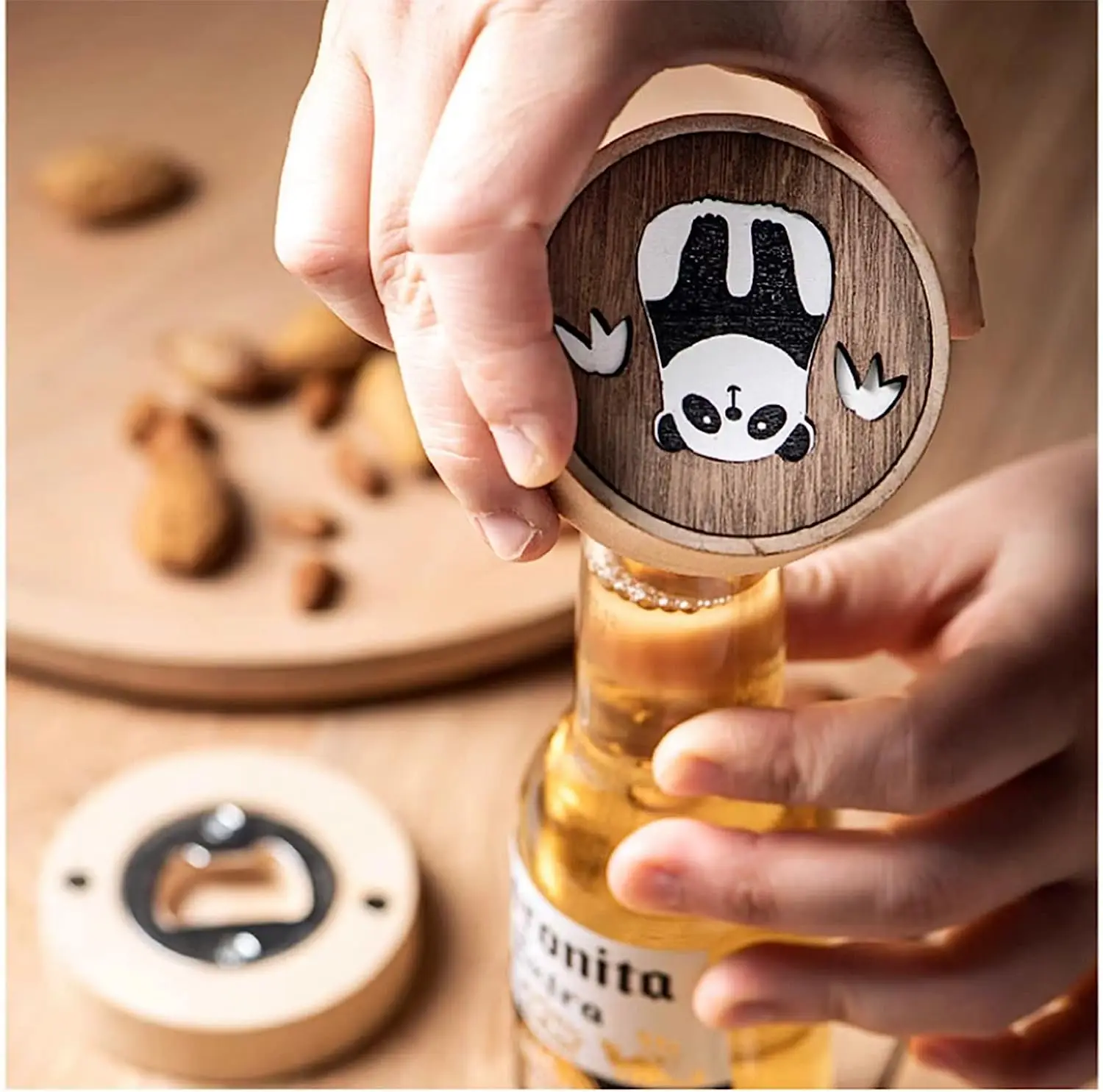 Beer Bottle Opener, Funny Wooden Magnetic Fridge Magnet,Round Wooden Bottle Openers Engraved Patterns For Home Kitchens Bars