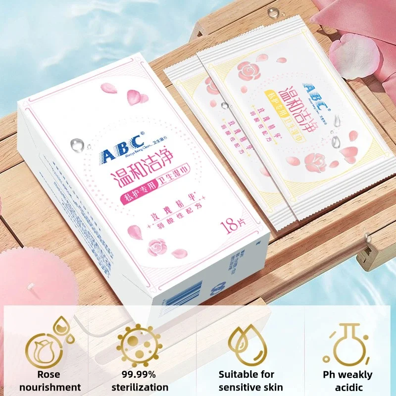 18 Pcs Rose antibacterial odor removal Private part care flushable wet wipes for adults after sex menstrual cleaning