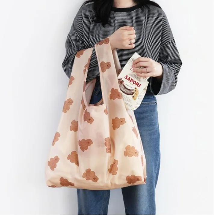 Custom  logo Eco-friendly Carry Packaging Reusable Portable Polyester Tote Nylon Recycle Shopping Grocery Bag