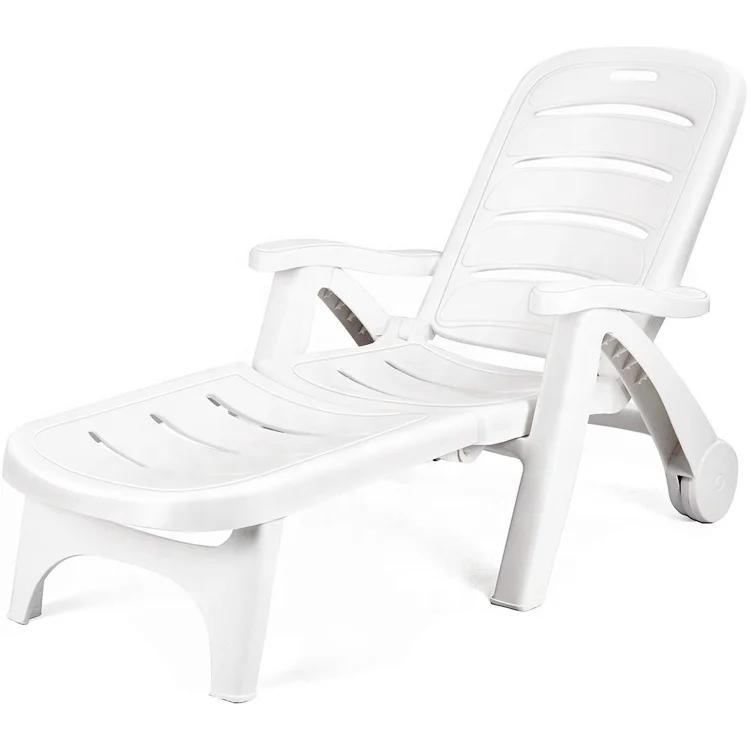 Plastic Foldable Beach Chaise Lounge Outdoor Patio Deck Chair Adjustable Rolling Lounger 5 Position Recliner W/Armrests, White