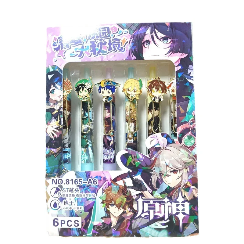 6Pcs kawaii Metal Doll Game Genshin Impact Cartoon Stationery Gel Pen Wanderer Tartaglia Barbatos Kaveh Zhongli Kaedehara Kazuha