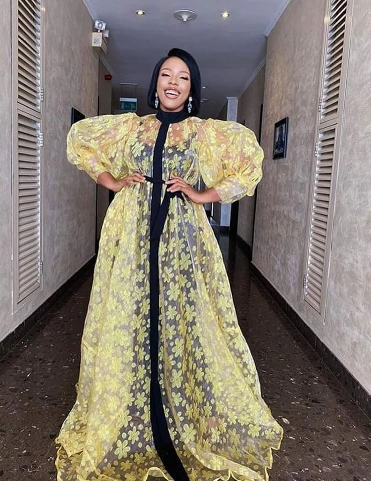 Yellow Print High Waist Skirt Large Size Hubble-bubble Sleeve Evening Dresses For Women