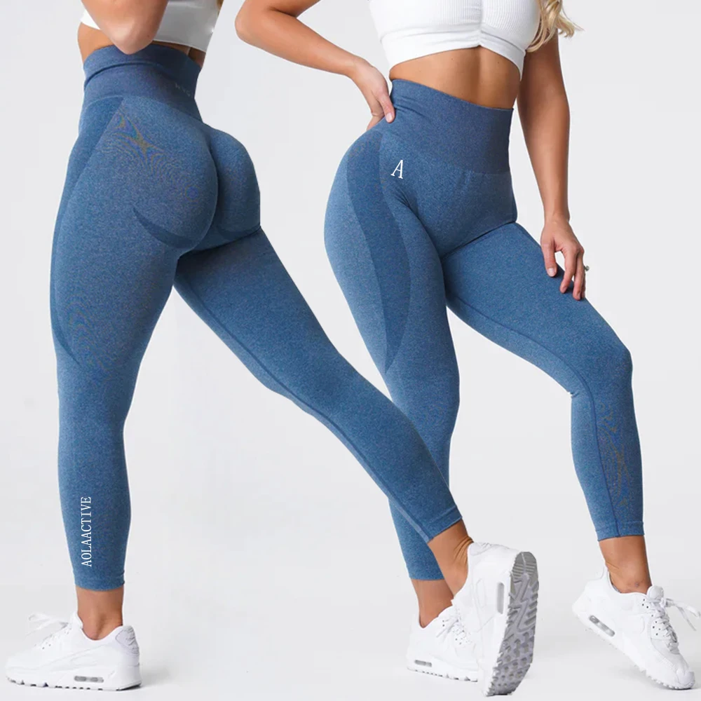 AOLA With Waist Band Tummy Control Thigh High Squats Thick Gym Stripe Plain Woman Black Grey Seamless Leggings