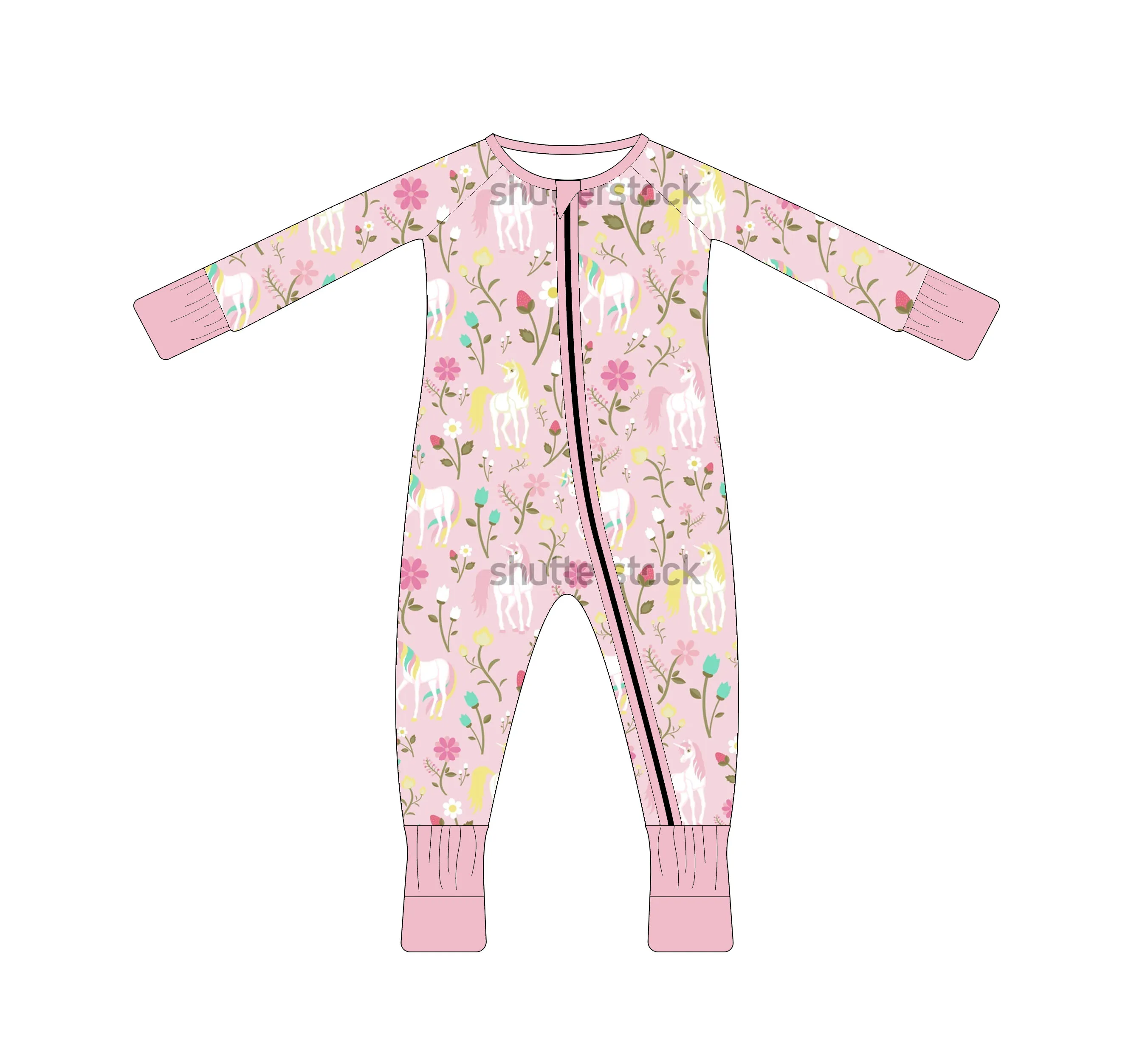 Comfortable double zipper folded cuff unicorn pattern newborn pajamas
