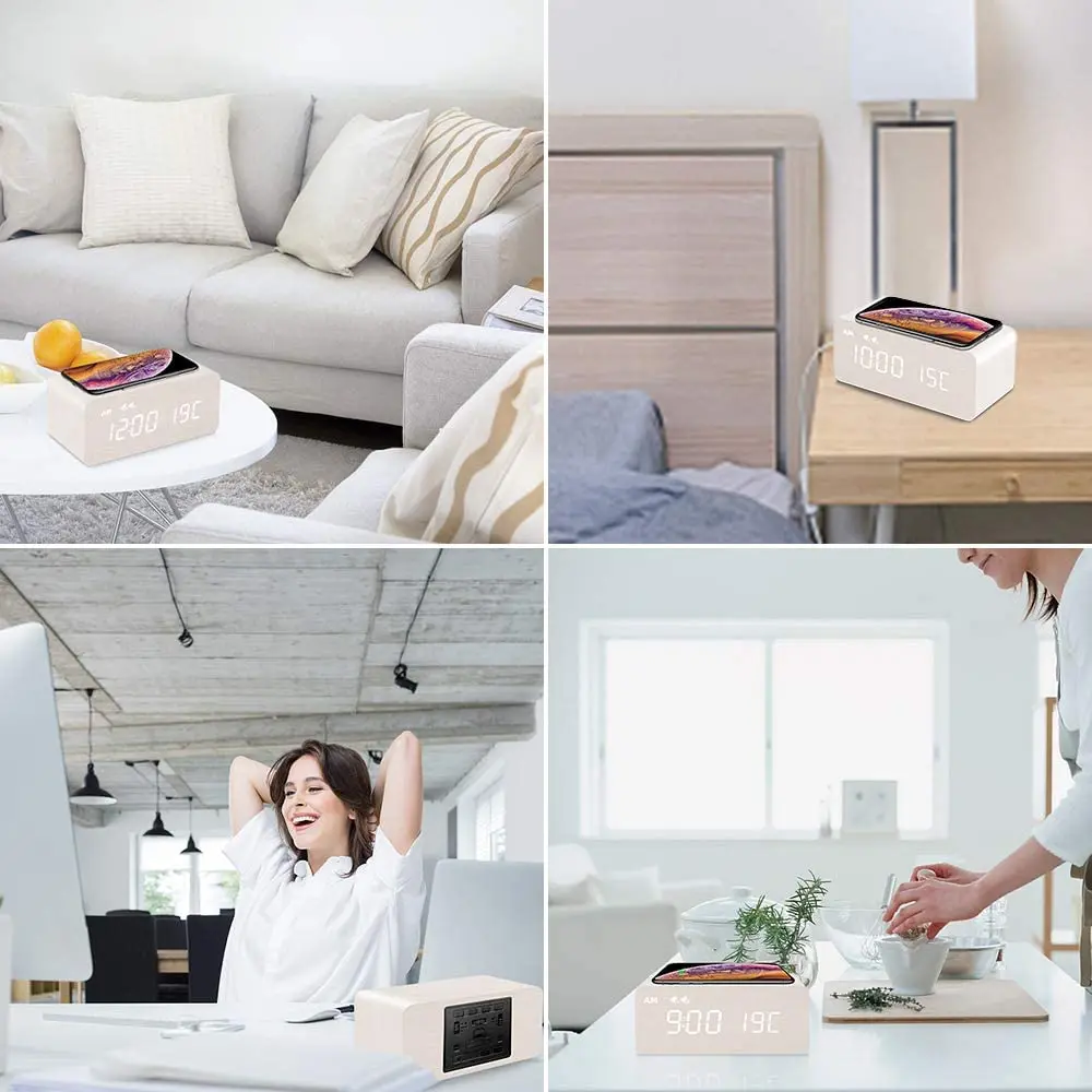 Jumon Digital Wooden Alarm Clock with Wireless Charging 0-100% Dimmer Dual Alarm Weekday Weekend Mode Snooze Bamboo LED Clocks