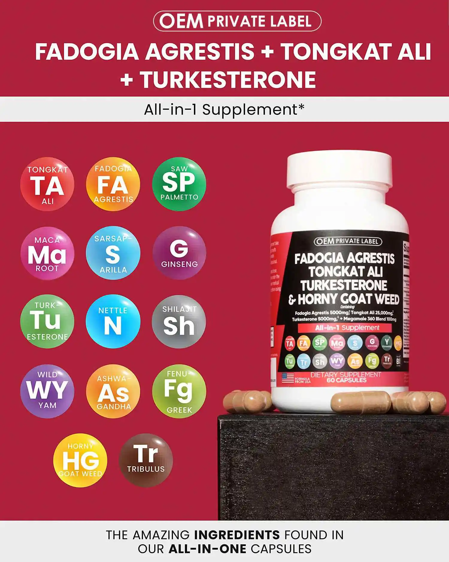 Капсулы Fadogia Agrestis Tongkat Ali Turkesterone 5000 мг с добавкой травки роговой козы