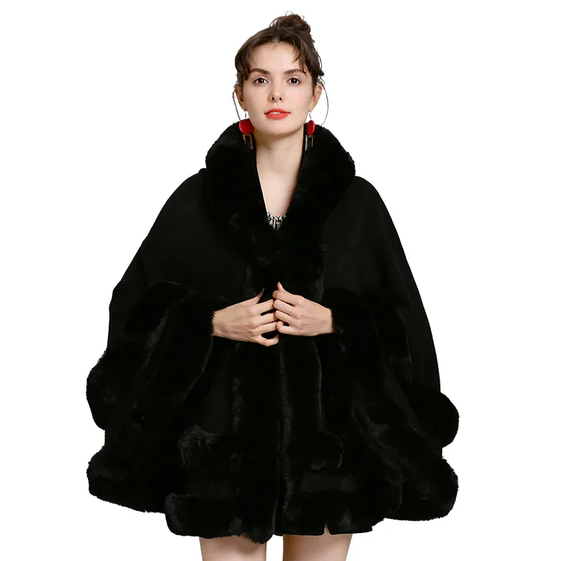 Faux Fur Winter Warm Women Solid Capes Shawls Fur Collar Cashmere Pullover Poncho Pashmina Scarf Scarves