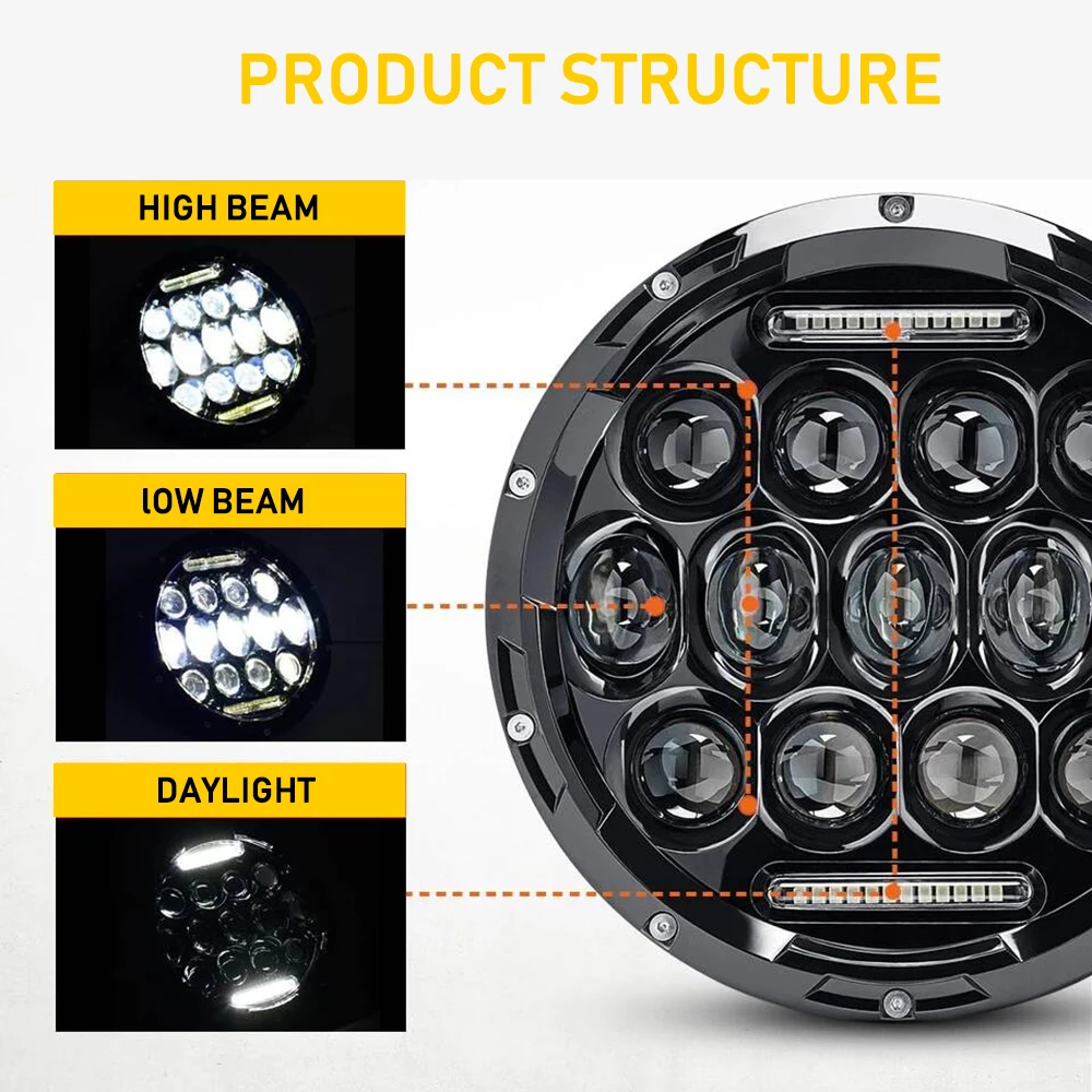 7 inch 75w Led Work Light Car Led Headlamp 12V 24V DC Waterproof Led Headlight Compatible for  Chevrolet Jeep