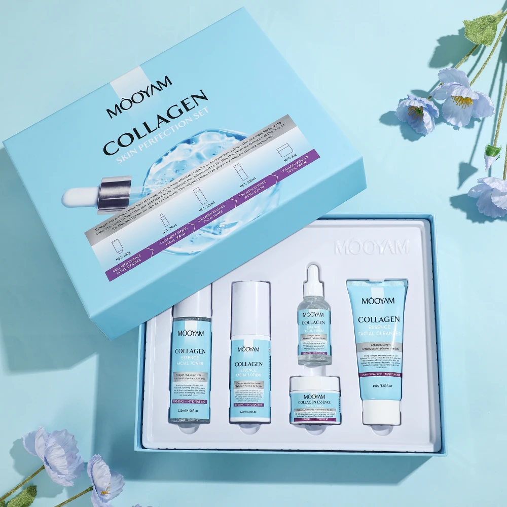 Collagen Skin Perfection 5 Pieces Skincare Kit Anti-Wrinkle Lightening Firm Skin Collagen Natural Skin Care Set Gift Box