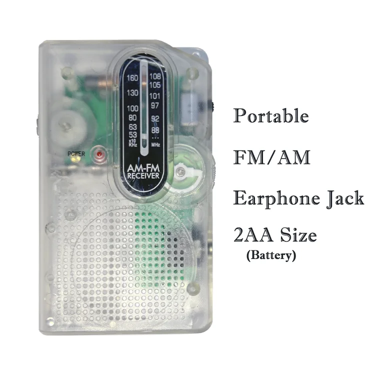 Indoor Outdoor Powered  Clear  Pocket radio Mini  Portable Radios AM FM with Crystal Headphone