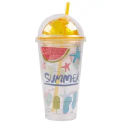 Wholesale Promotional 400ml Fruit Print Double-wall Dome Top Drinking Plastic Water Bottle with Lid and Straw