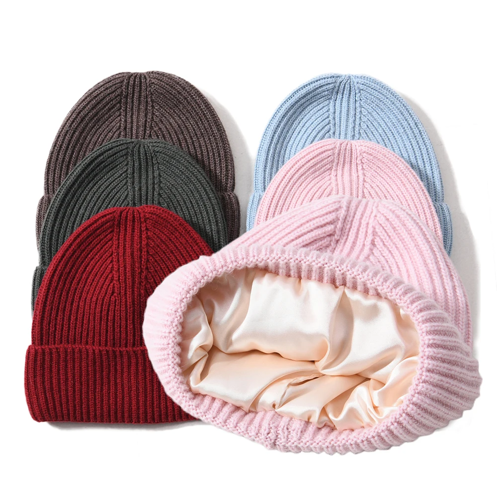 Factory Price Unisex Women Men Satin-lined-beanie Thick Wool Satin Hat for Women Knitted Beanies with Silk Lining Inside