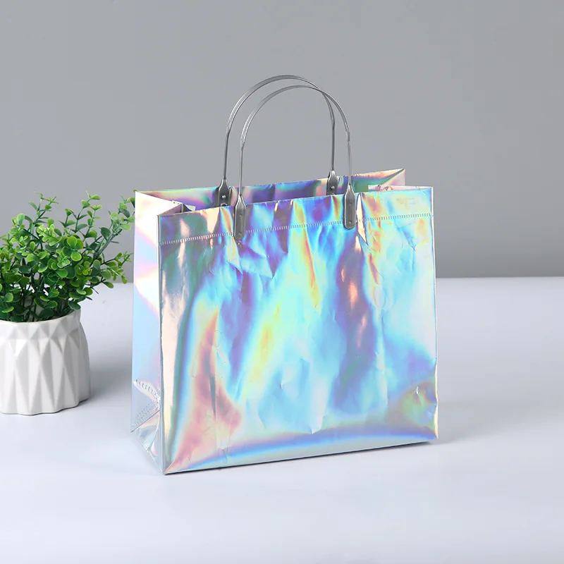 Resealable Pink rainbow Gift Packaging Clear Plastic Waterproof Shopping Handbag Bag Pvc Carry Holographic tote bag with Handle