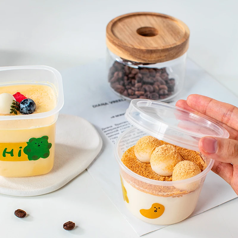 Disposable Dessert Cup Tableware Plastic Thickened Square With Stickers Lid And Spoon Yogurt Pudding Cake Food Packaging Tool