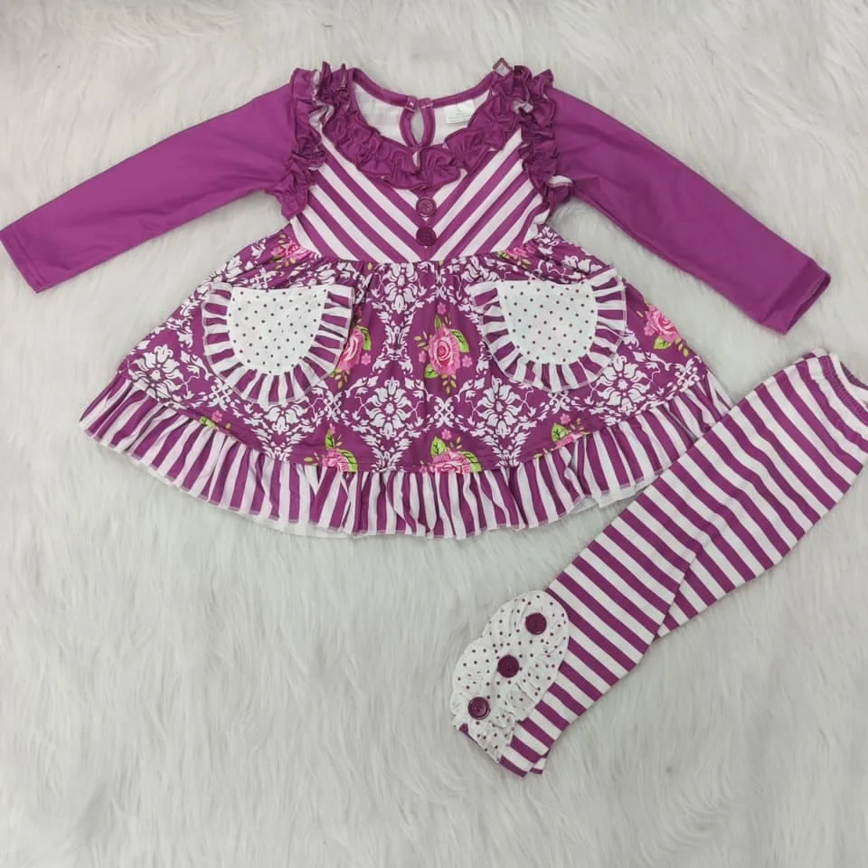 Stock Reayd to ship NO MOQ Cute Floral Boutique Clothes Set Long Sleeve Tunic With Pants Baby Girls Boutique Outfit