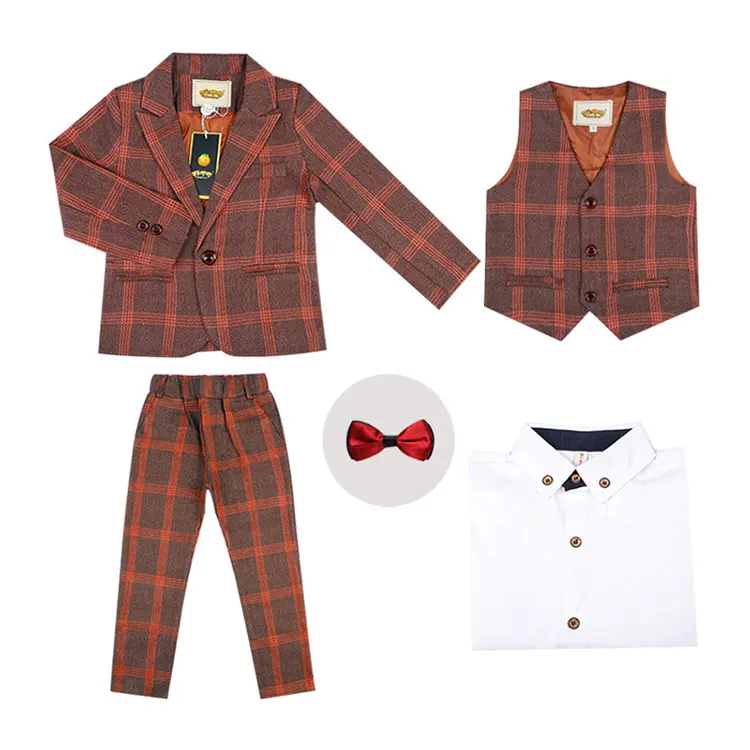 Kids formal dress wedding party suit 4 pcs plaid suit for boys