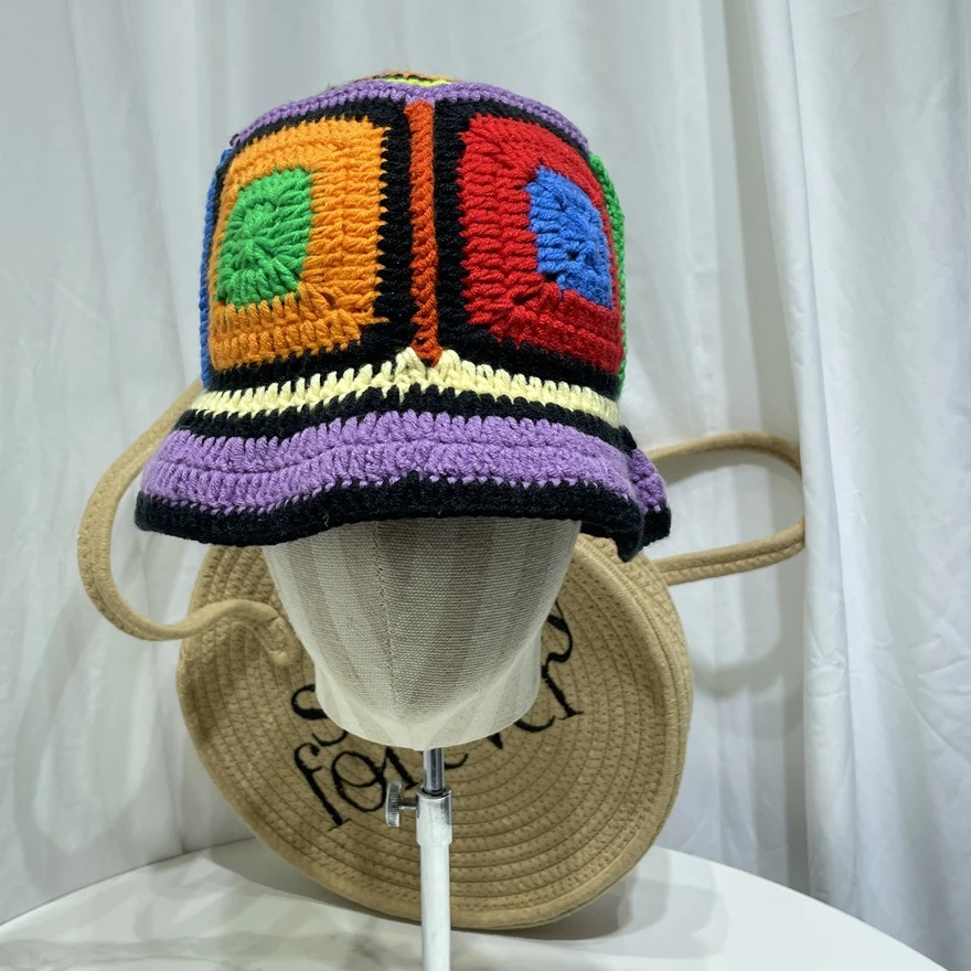 Fashion Summer Outdoor Holiday Sun Colorful Handmade Crochet Knit  Bucket Visor Hat Folded Beach Sunscreen Straw Hats For Women