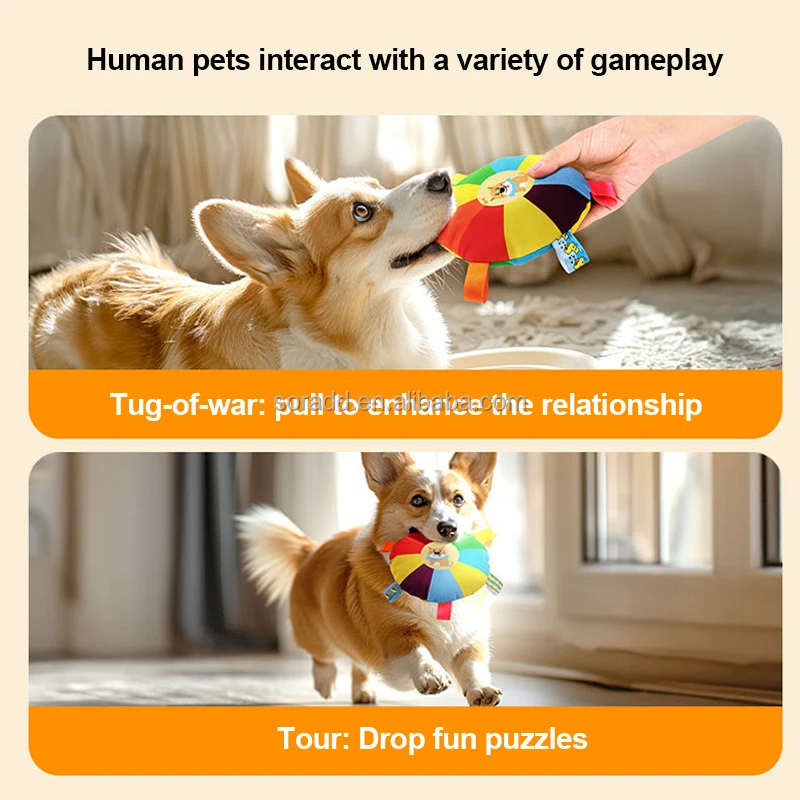 Interactive Flying Discs Chew Toys for Dogs Plush Pet Tug War with Washable Bite-Resistant Turntable Pattern Bells inside
