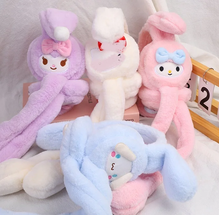 DHF Anime Sanrioed Kuromi Melody Pom Purin Plush Earmuffs Plush Ear Warmers With Moving Ears Winter Warm Antifreeze Earmuffs