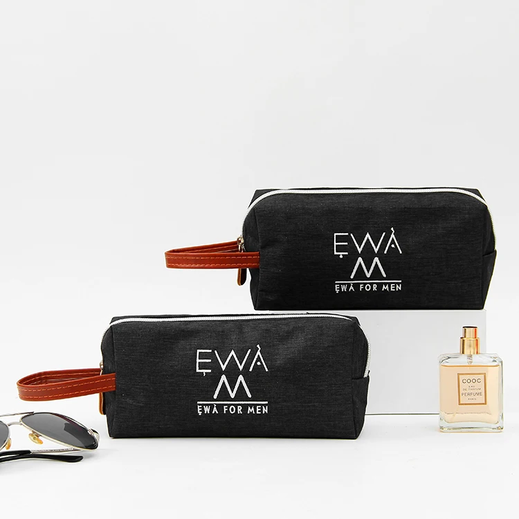 custom function business square man toiletry travel  makeup case unisex sports embroidery logo black polyester mens cosmetic bag