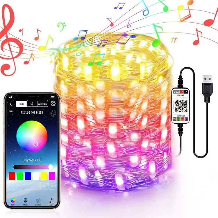 RGB multicolor led fancy lamp copper wire Christmas tree lights led string light with USB Bluetooth controller