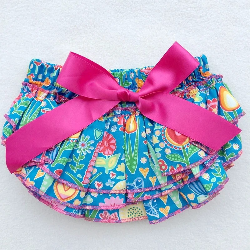 Custom no elastic 100% cotton print baby girl floral ruffle cute bloomers and bow headband set