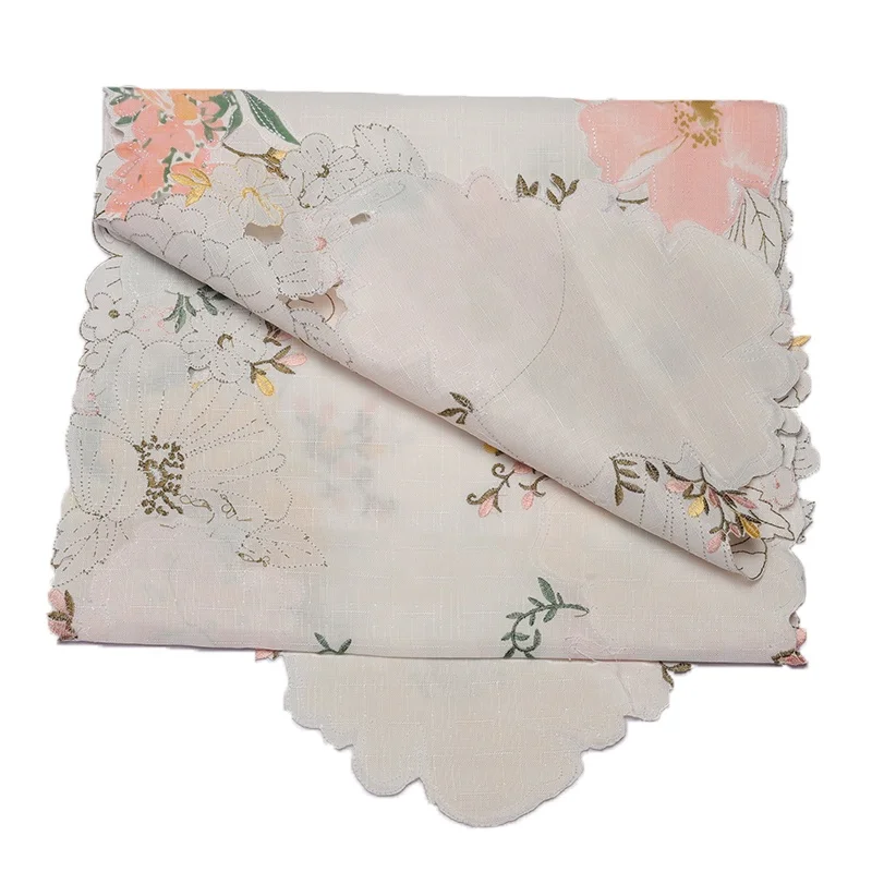 Custom 100% Polyester Fabric Printed And Embroidered Watercolor Flower Table Runner