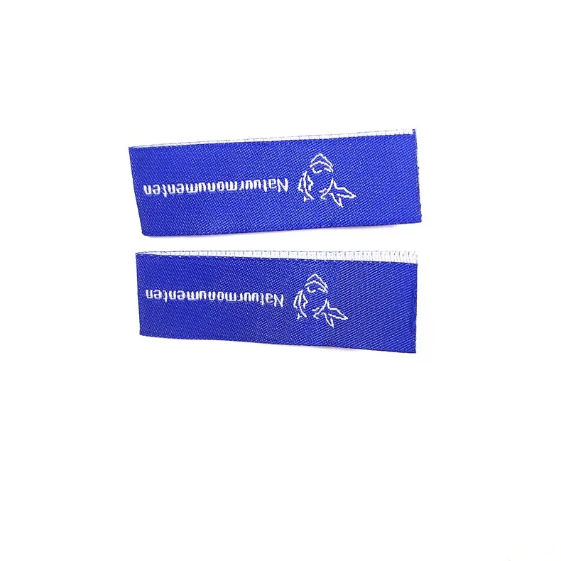 Spain wholesale nice quality blue polyester Letter Name customize designer labels for clothing Center Fold woven garment label