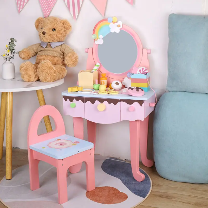 New Arrival Pink Rainbow Pattern Wooden Simulation Makeup Dressing Table Toys For Girls